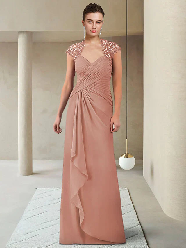 Wholesale Mother of the Bride Dress Elegant V Neck Floor Length Chiffon Lace Short Sleeve with Beading Ruching
